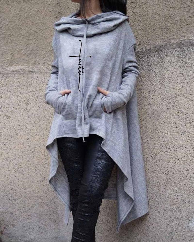

Letter Print Dip Hem Long Sleeve Hoodie, Gray