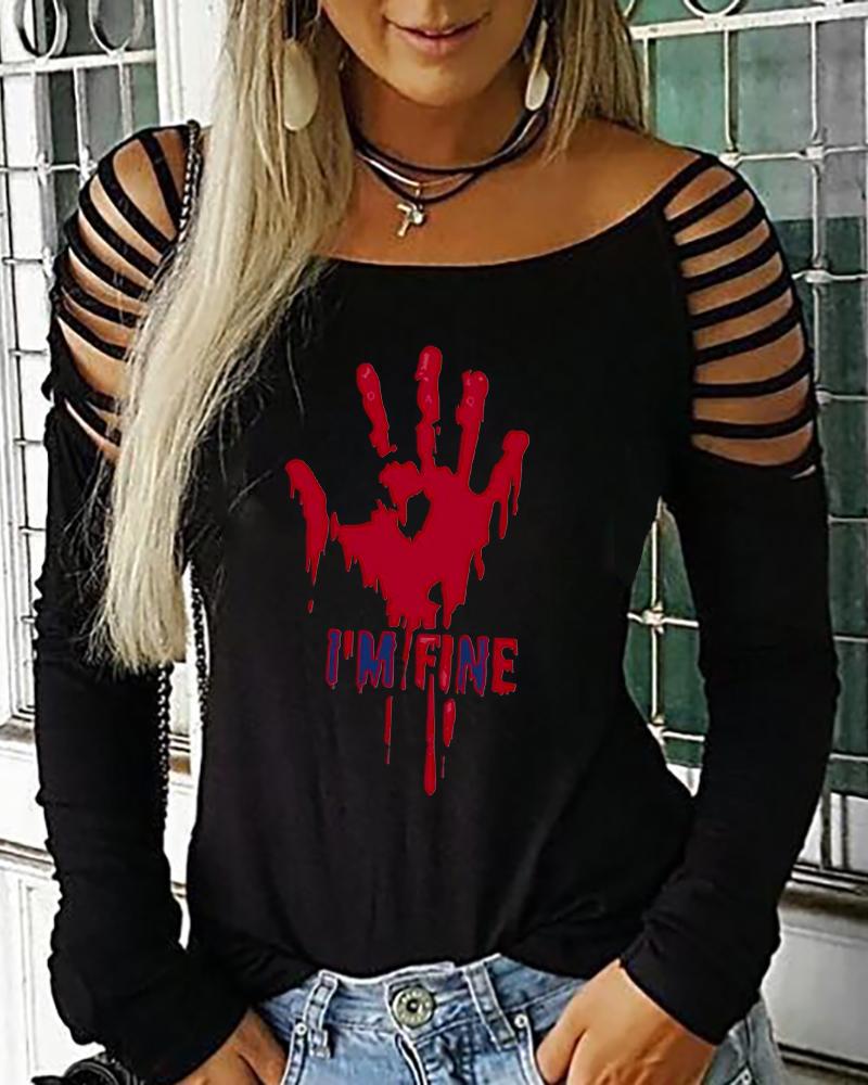 

Halloween Graphic Print Ladder Cutout Cold Shoulder Top, Black