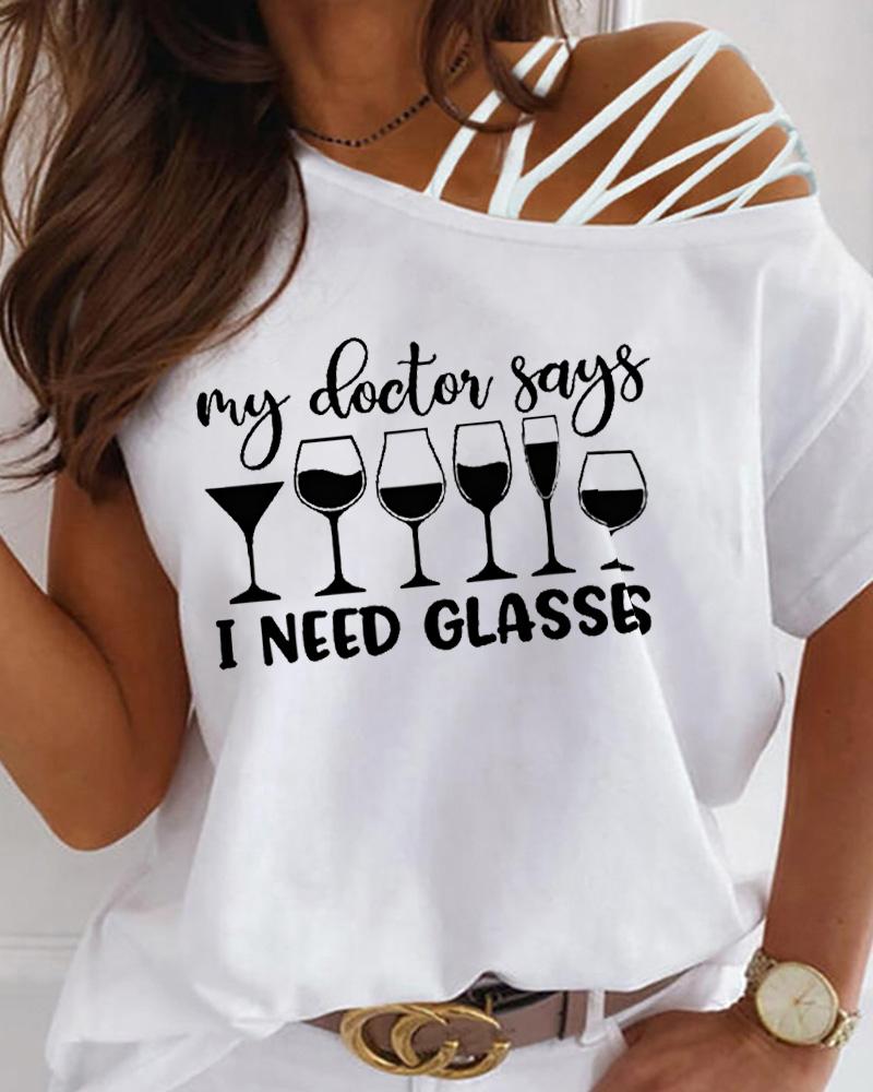 Wine Glass Letter Print Cold Shoulder Top