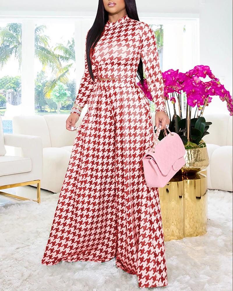 

Houndstooth Print Crop Top & Wide Leg Pants Set, Red