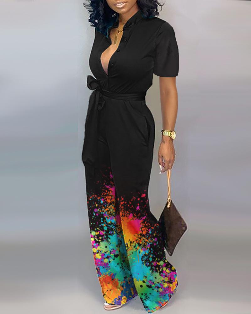 

Ink Splash Print Pocket Design Short Sleeve Jumpsuit, Black