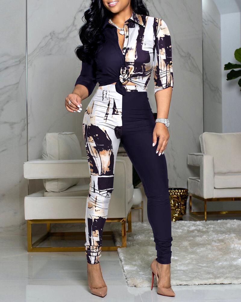 

Abstract Print Button Down Shirt & Pants Set, Black