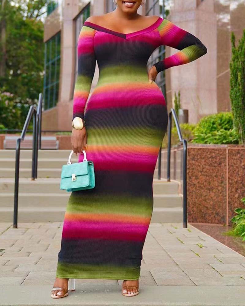 

Ribbed Long Sleeve Ombre Colorblock Maxi Dress, Hot pink