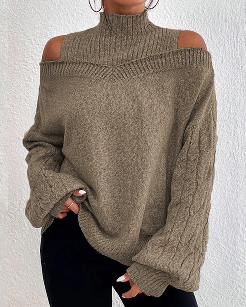 

Cable Knit Lantern Sleeve Cold Shoulder Sweater, Khaki