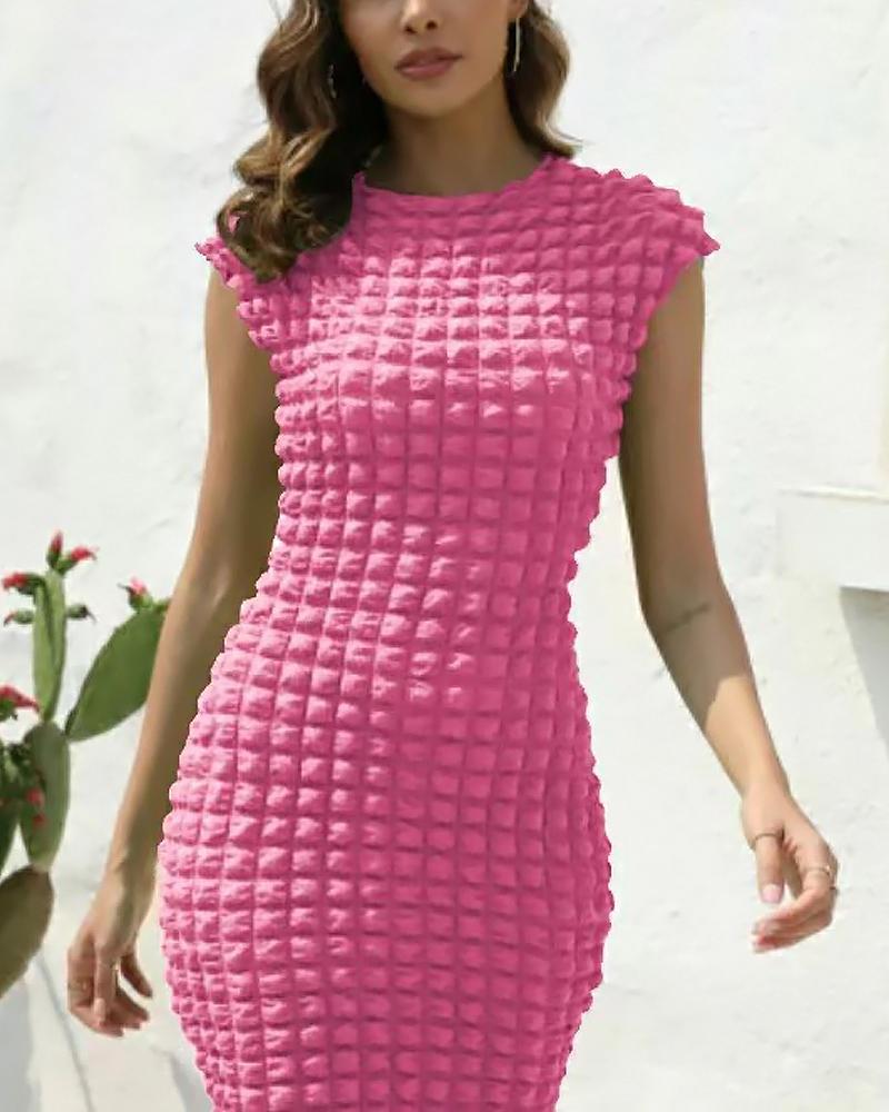 

Cap Sleeve O-Neck Bubble Textured Bodycon Dress, Pink