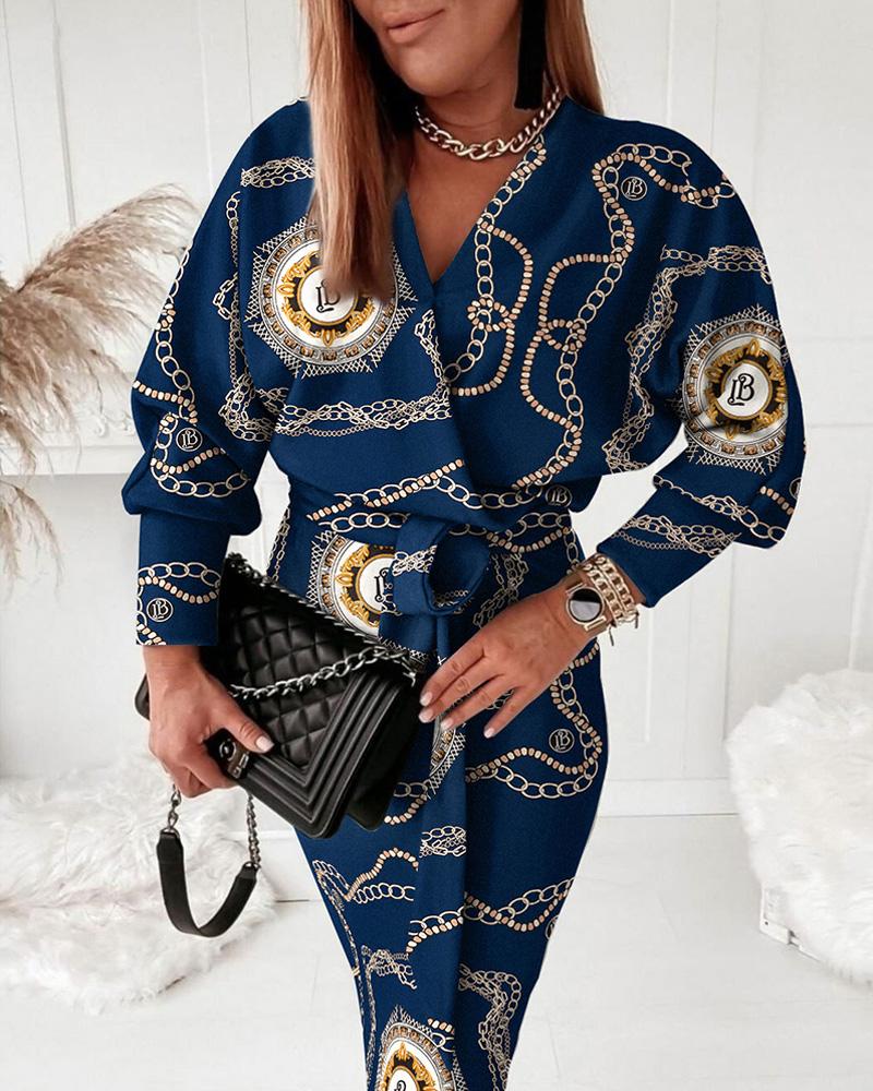 

Baroque Chain Print Long Sleeve Belted Wrap Dress, Dark blue
