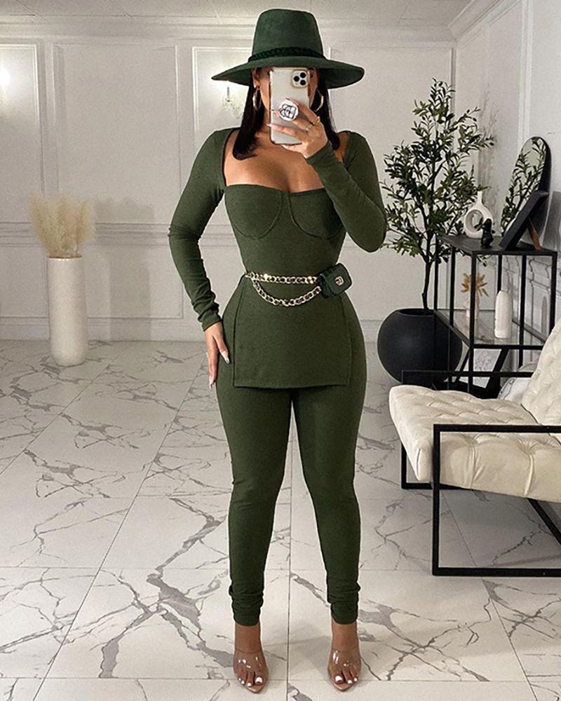 

Long Sleeve Slit Top & High Waist Pants Set, Green