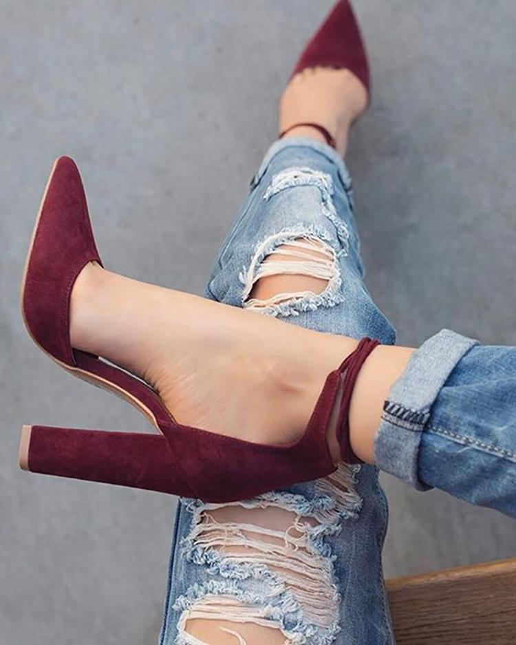 

Fashion Point Toe Ankle Strap Chunky Heels, Gray;wine red