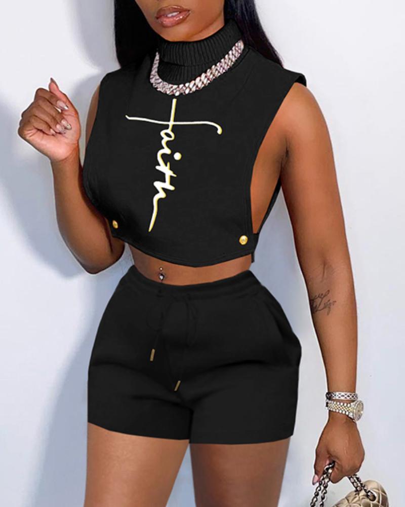 

Letter Print High Neck Top & Shorts Set, Black