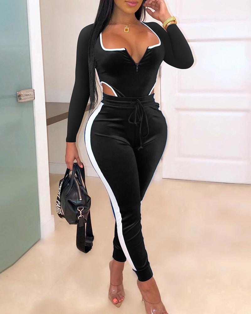 

Colorblock Zipped Drawstring Design Backless Jumpsuit, Black