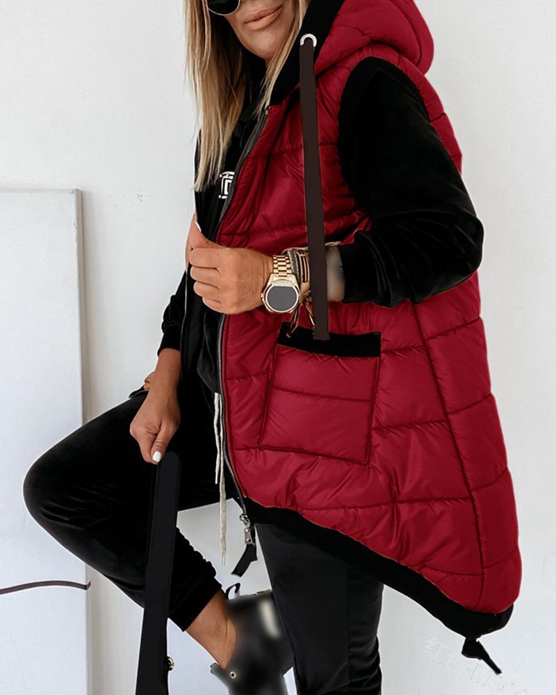 

Zipper Pocket Design Hooded Vest Puffer Coat, Red