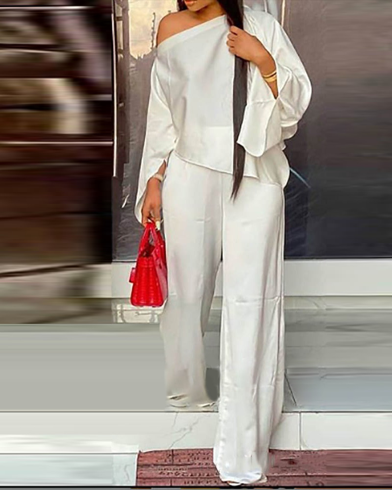 

Satin One Shoulder Bell Sleeve Top & Pants Set, White