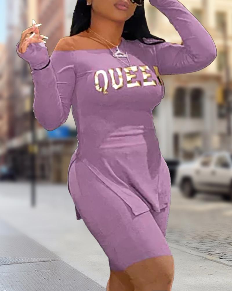 

Plus Size Queen Letter Print Skew Neck Slit Top & Shorts Set, Purple