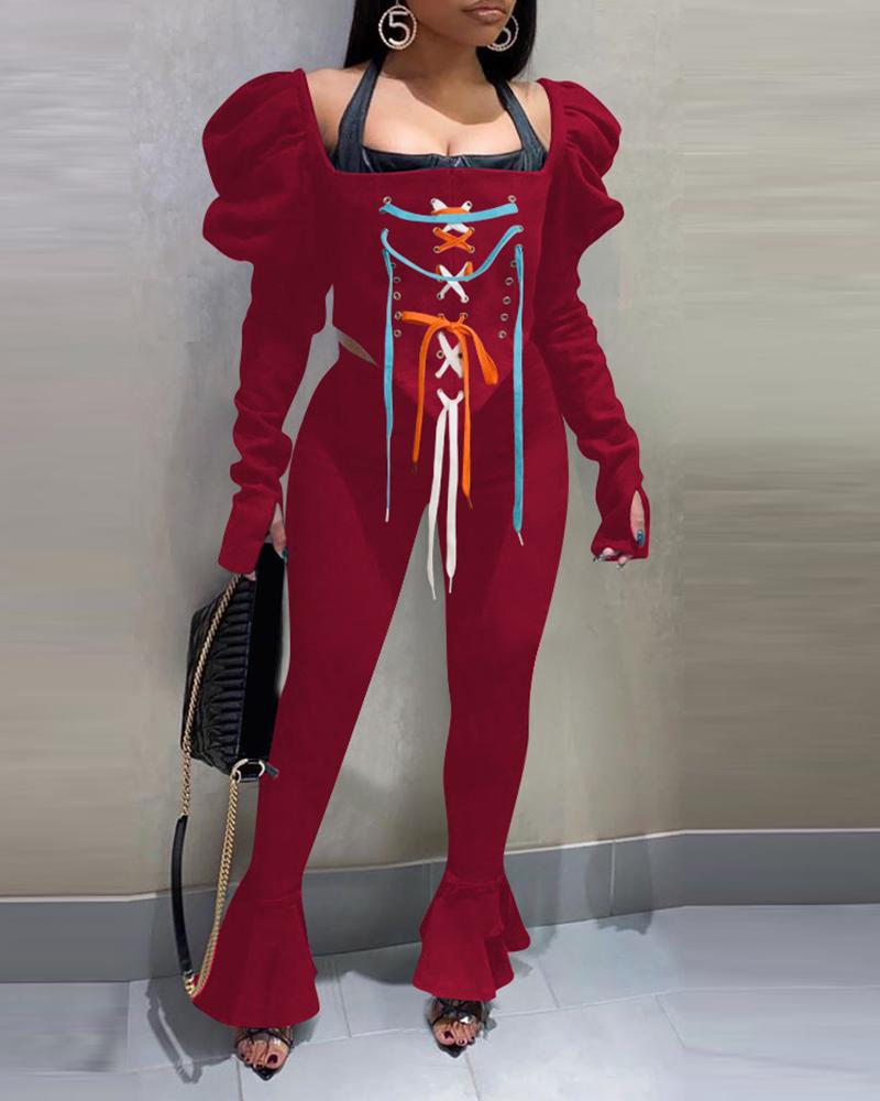 

Eyelet Lace-up Puffed Sleeve Top & Flared Leg Pants Set, Wine red