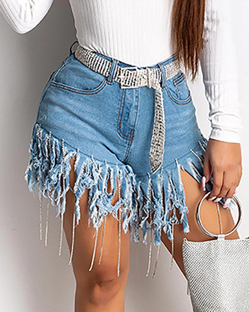 

Fringe Hem Pocket Design Denim Short, Blue