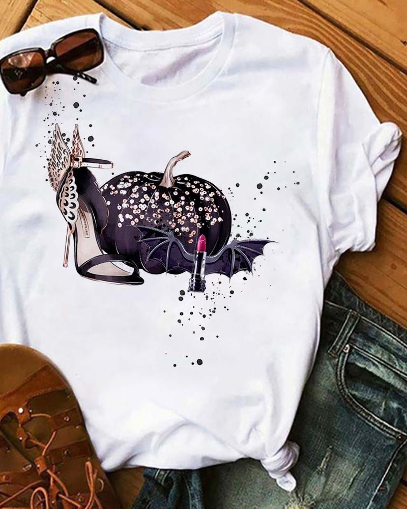 

Halloween Short Sleeve Pumpkin Graphic Print T-Shirt, White