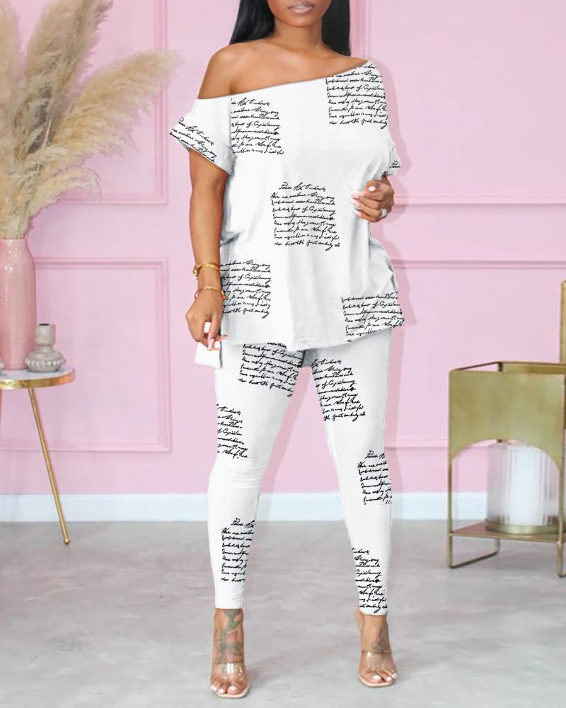 

Slash Neck Letter Print Top & Pants Set, White