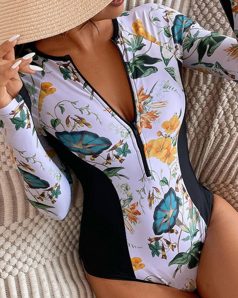 

Tropical Print Zipper Design One Piece Swimsuit, White