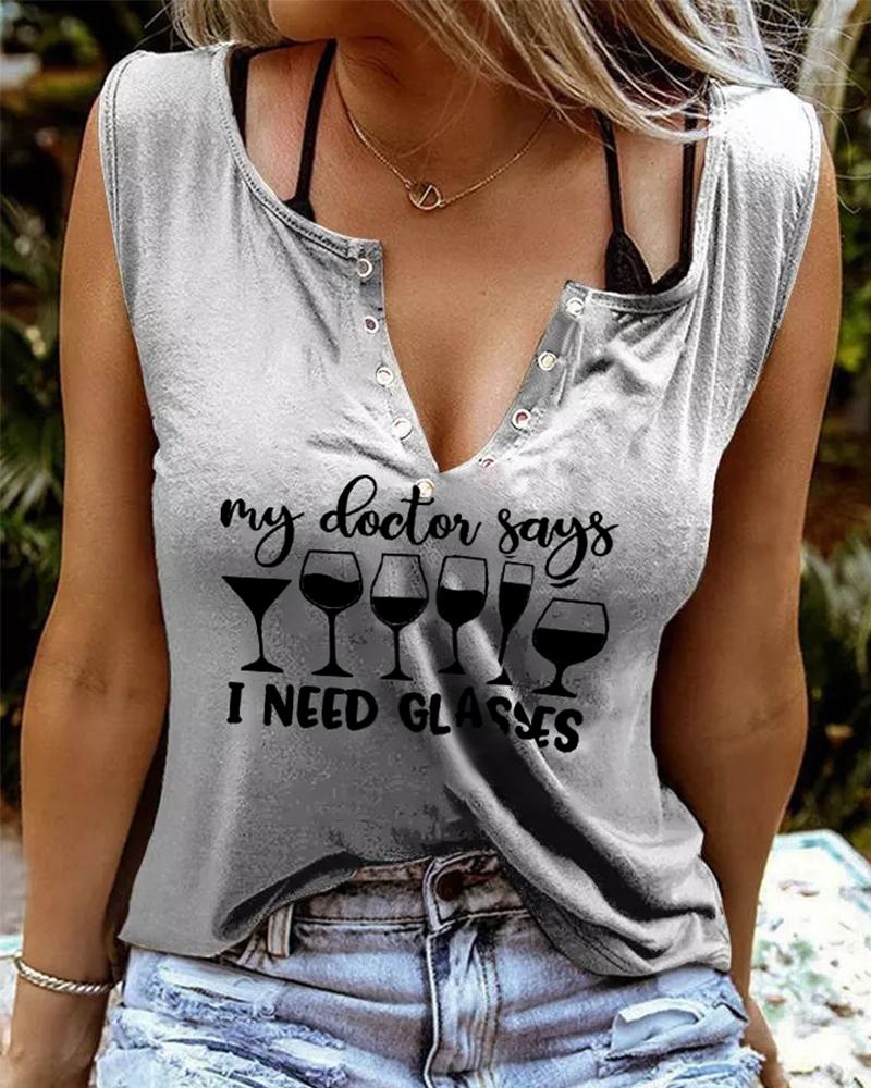 Camiseta sin mangas informal con estampado de letras y copas de vino