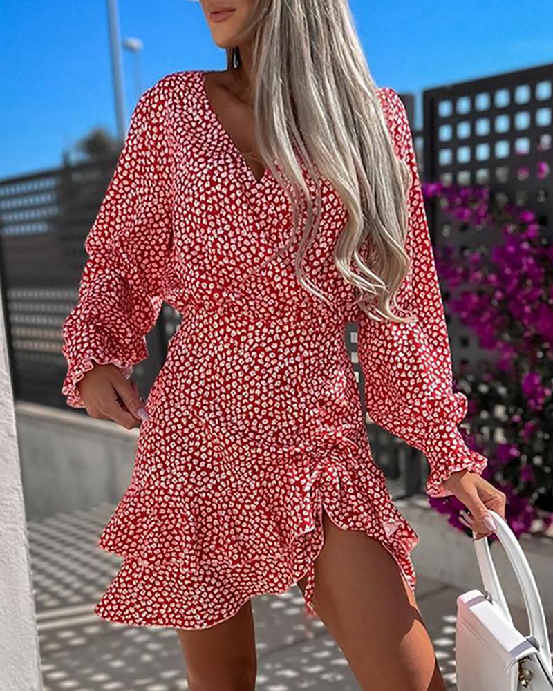 

Ditsy Floral Print Lantern Sleeve Drawstring Dress, Red