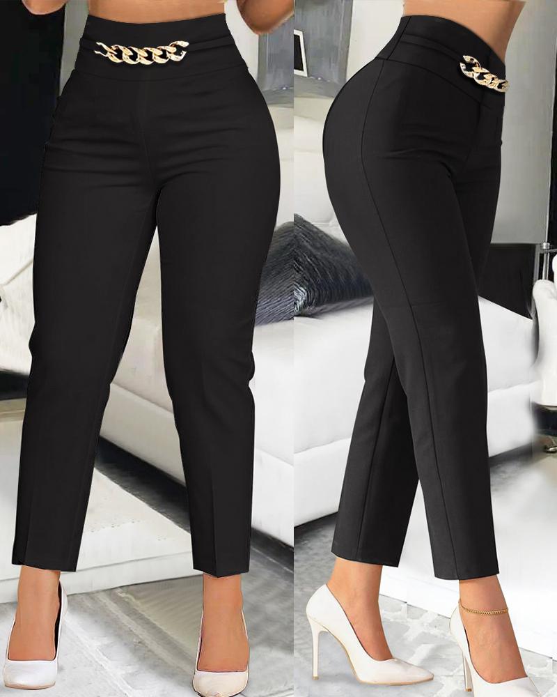 

High Waist Chain Decor Work Pants, Black