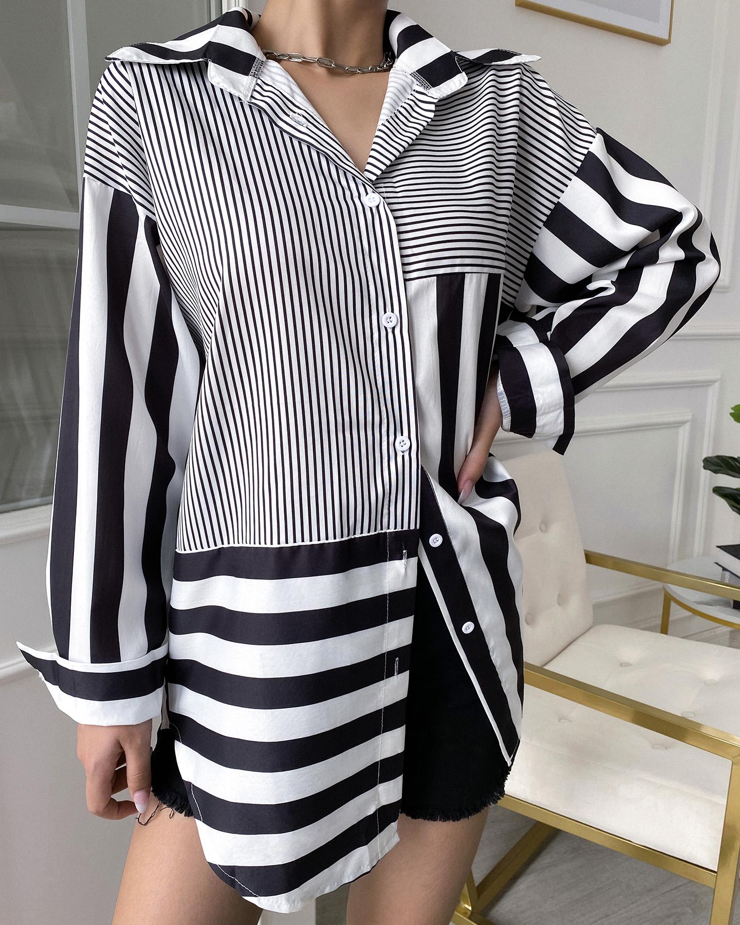 

Striped Long Sleeve Button Up Blouse, Black