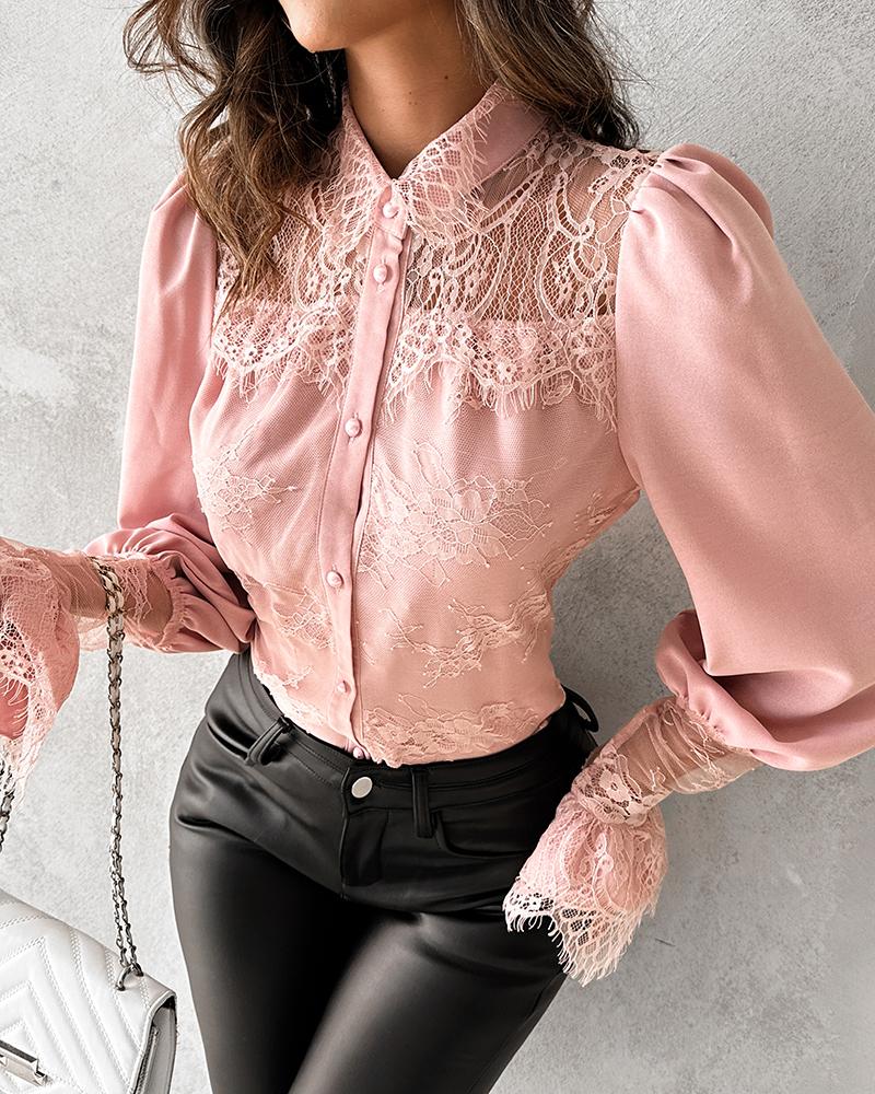 

Lace Patchwork Puff Sleeve Buttoned Blouse, Pink