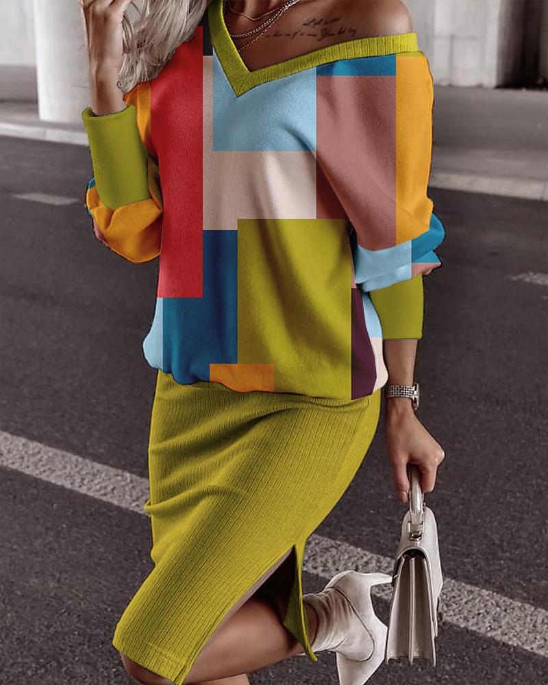 

Geometric Print Long Sleeve Top & Split Hem Skirt Set, Multicolor
