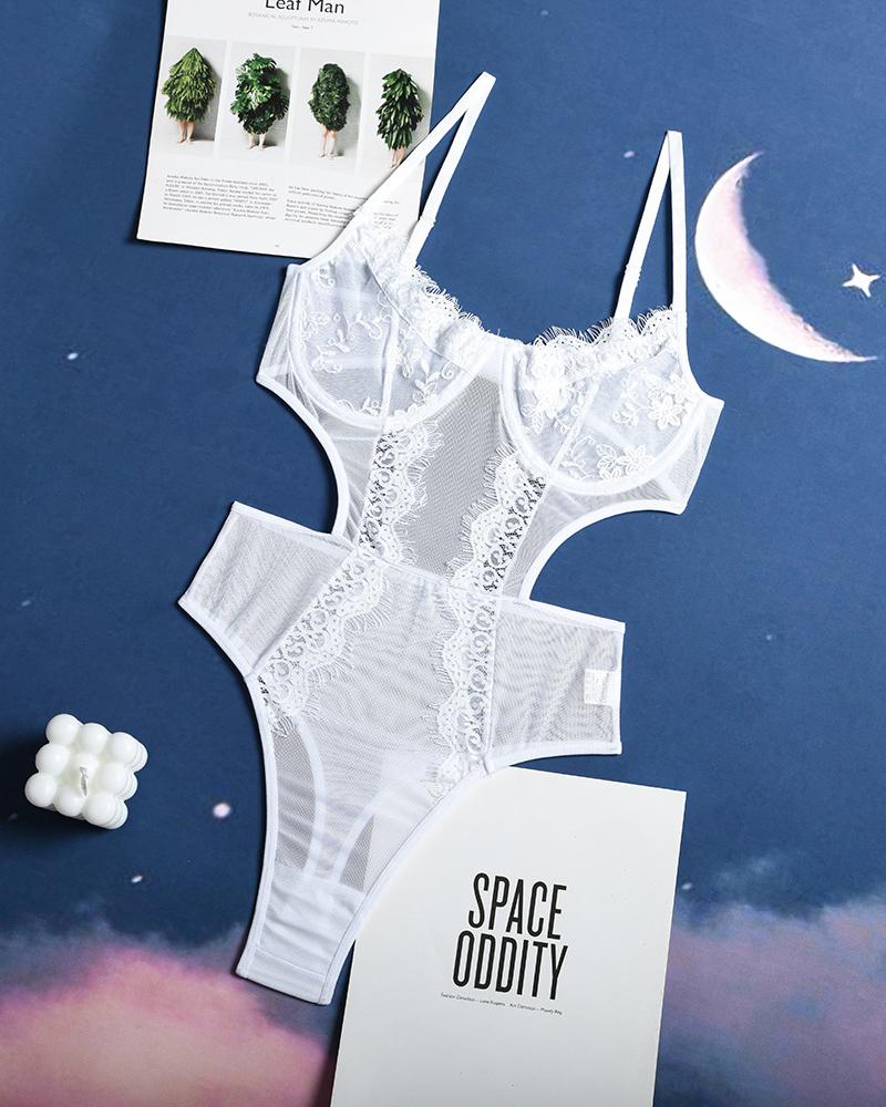 

Fashion Womens Patchwork Skinny See Through Bodysuit Lace, White