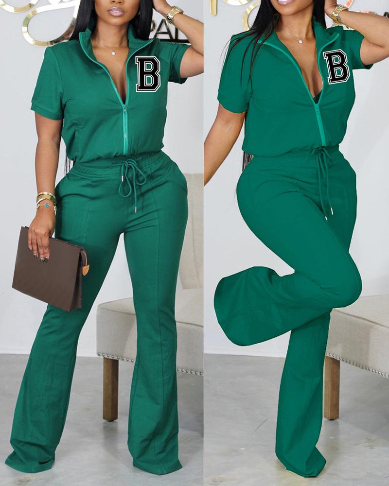 

Letter Print Zip Up Top & Drawstring Pants Set, Green