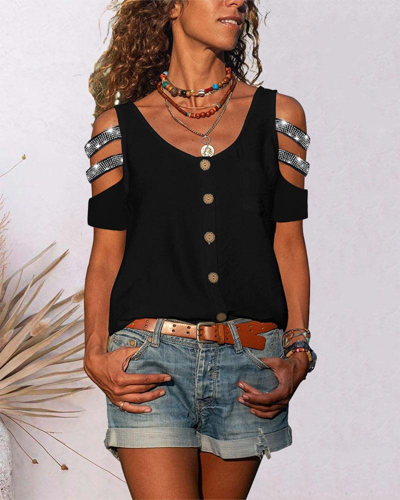 

Button Decor Rhinestone Strap Cold Shoulder Top, Black