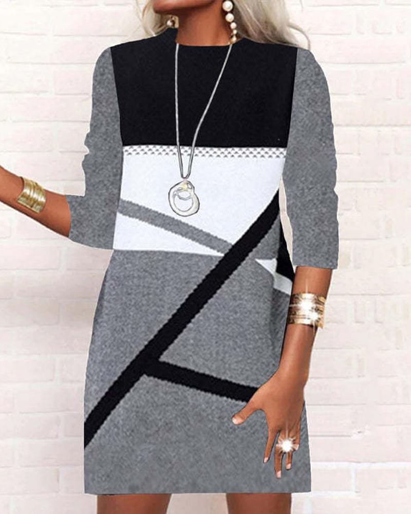 

Geometric Print Long Sleeve Casual Dress, Gray