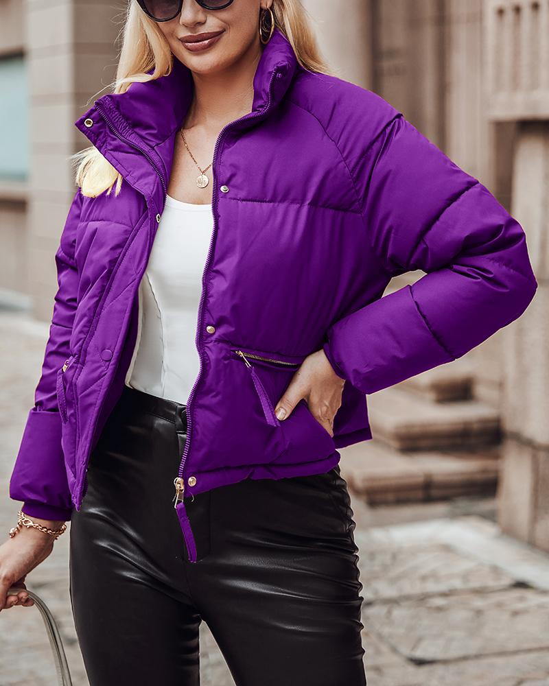 

Zipper Design Baggy Puffer Jacket, Purple