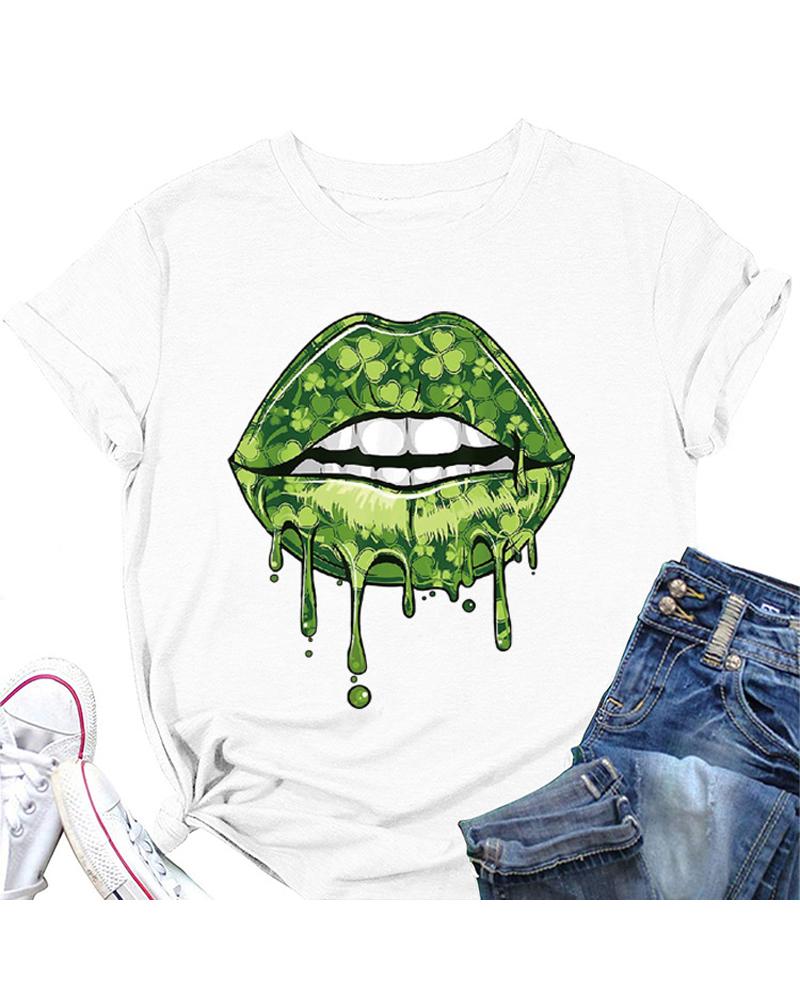

St. Patrick' Day Lip Clover Print Casual T-shirt, White