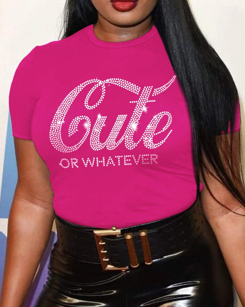 

Plus Size Cute Or Whatever Rhinestone Casual T-shirt, Rose red