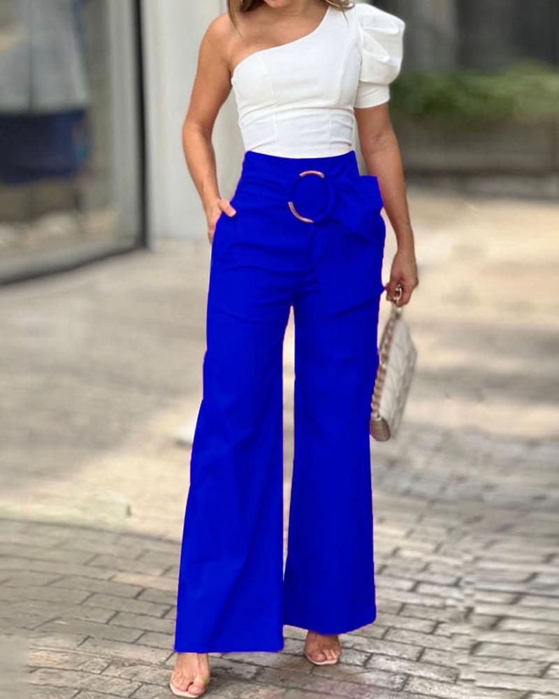 

Puff Sleeve Top & Wide Leg Pants Set, Blue