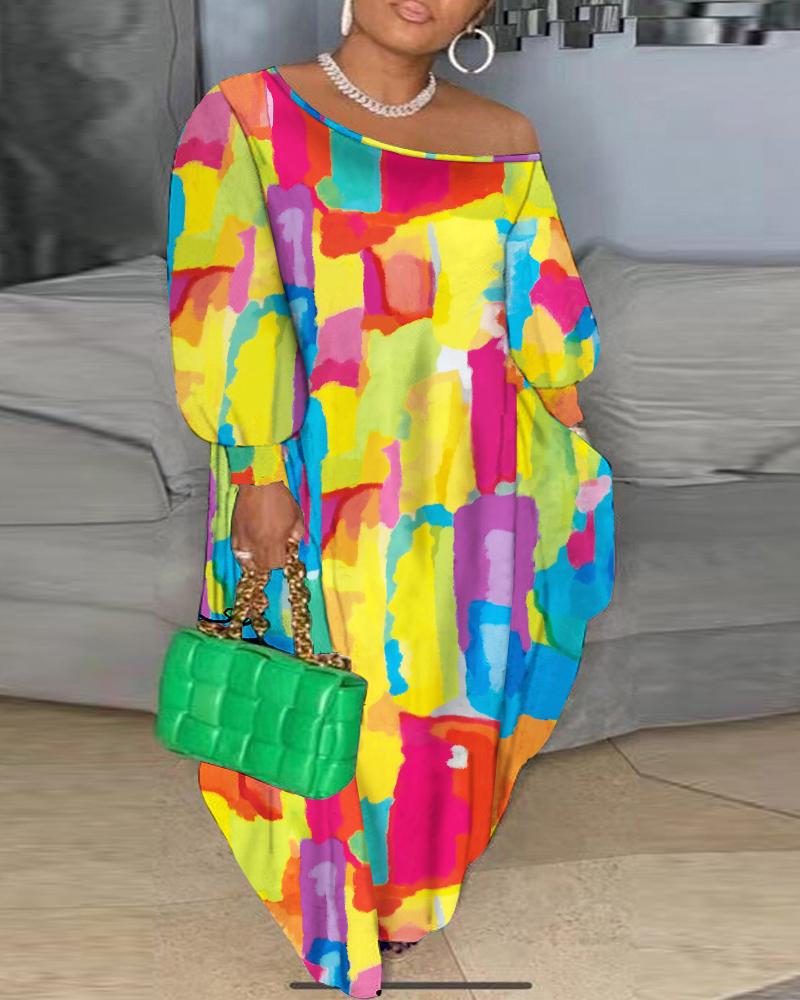 

Plus Size Tie Dye Print Lantern Sleeve Maxi Dress, Multicolor