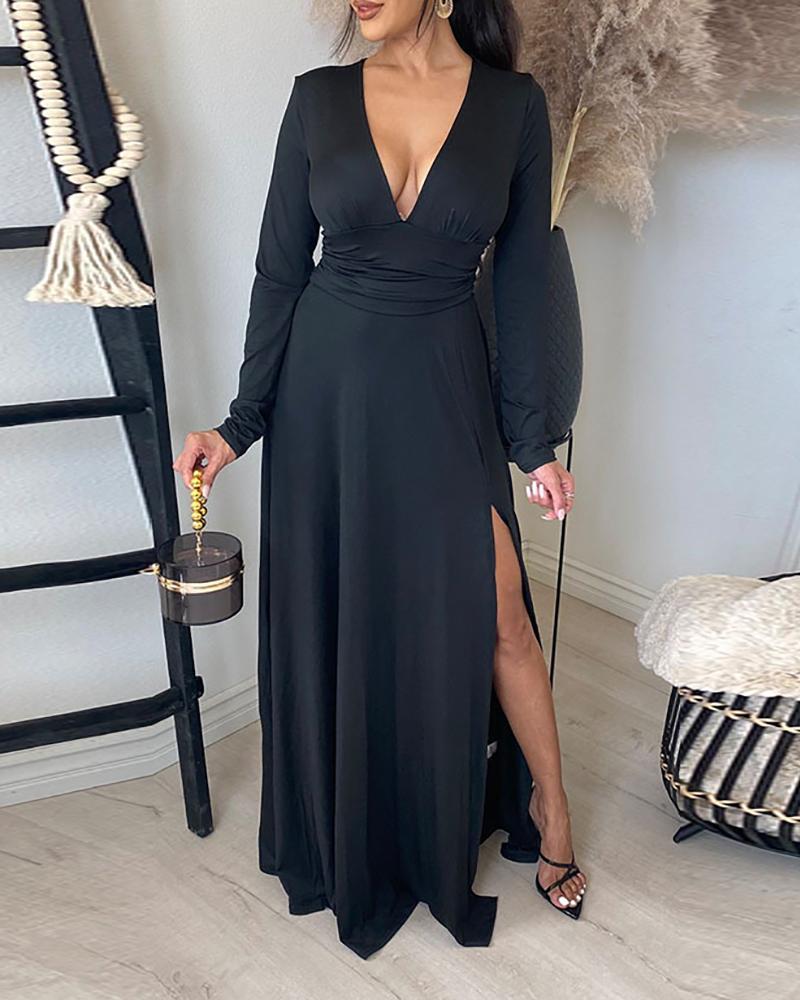 

Long Sleeve High Slit Ruched Maxi Dress, Black