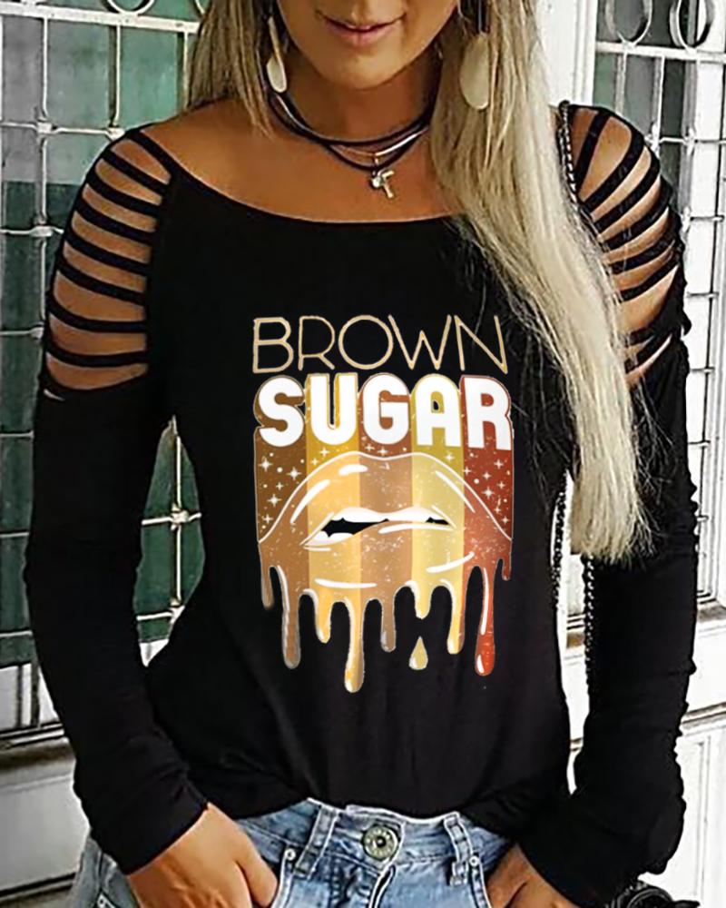 

Letter Lip Print Ladder Cutout Top, Black