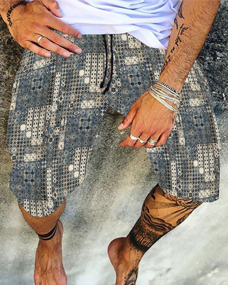 

Geometric Pattern Print Drawstring Short Pants, Gray