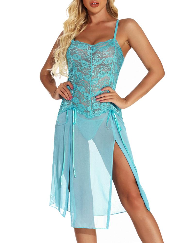 

Slit Crochet Lace Babydoll With Panty, Lighted blue
