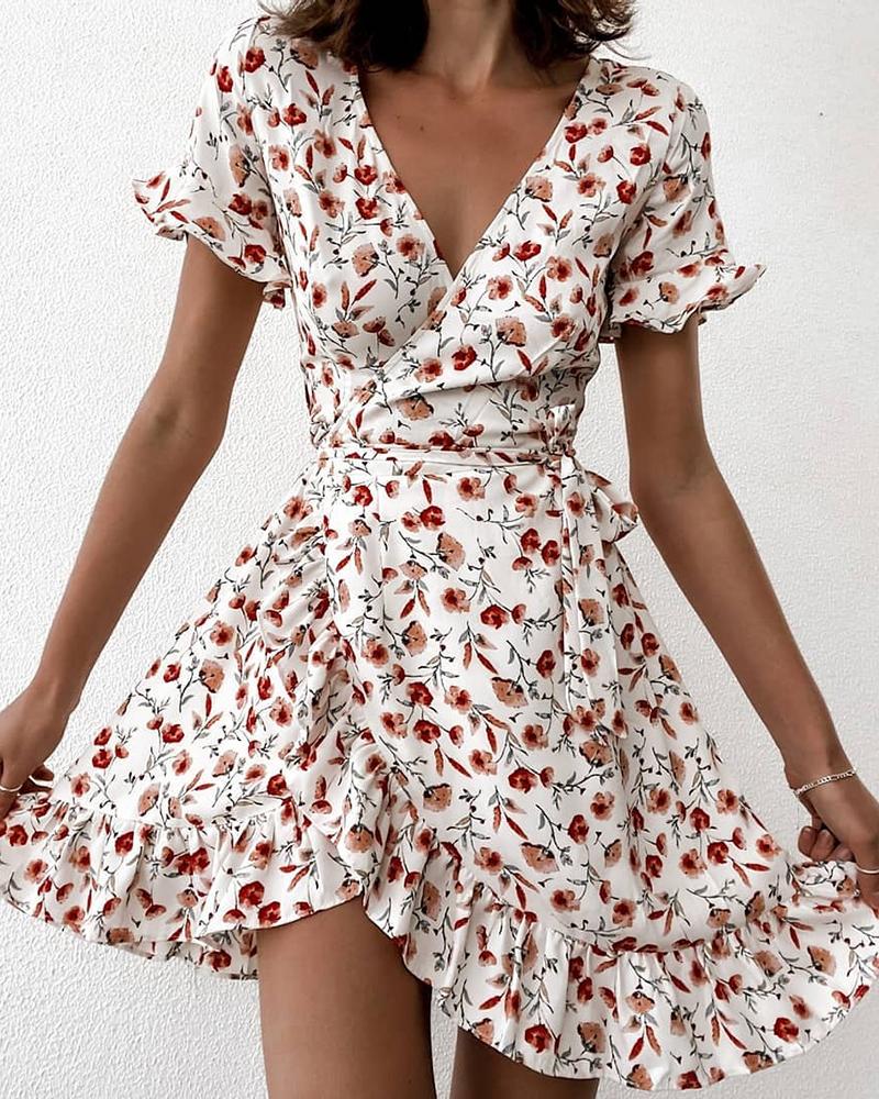 

Floral Print V Neck Tied Detail Ruffle Hem Dress, White