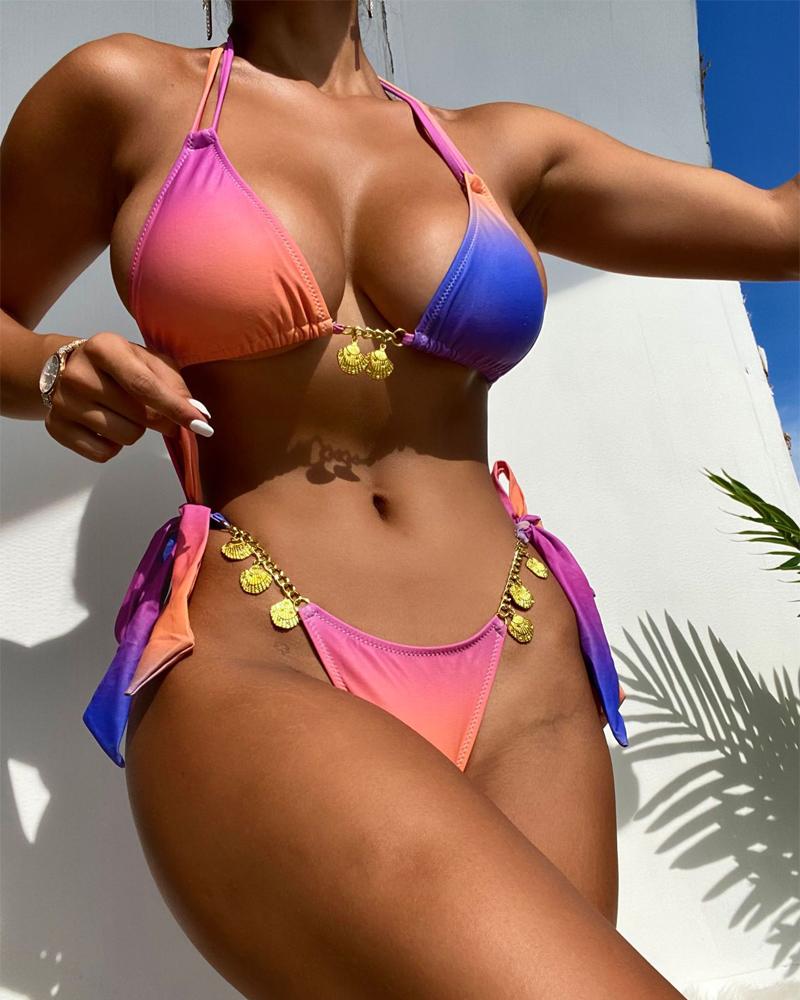 

Ombre Print Metal Shell Decor Halter Bikini Set, Multicolor