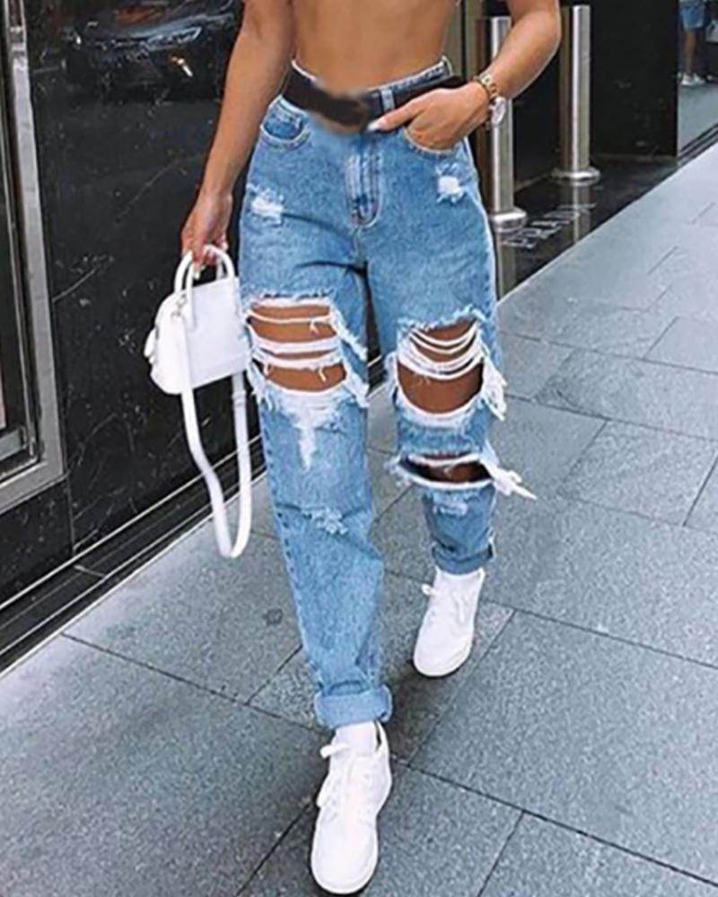 

Fringe Hem Ripped Cutout Pocket Design Denim Pants, Blue