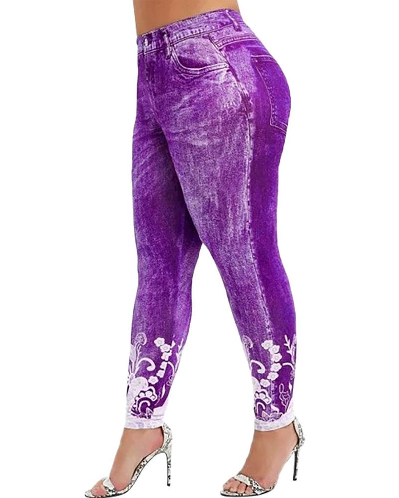 

Plus Size Floral Denim Look Print High Waist Leggings, Purple