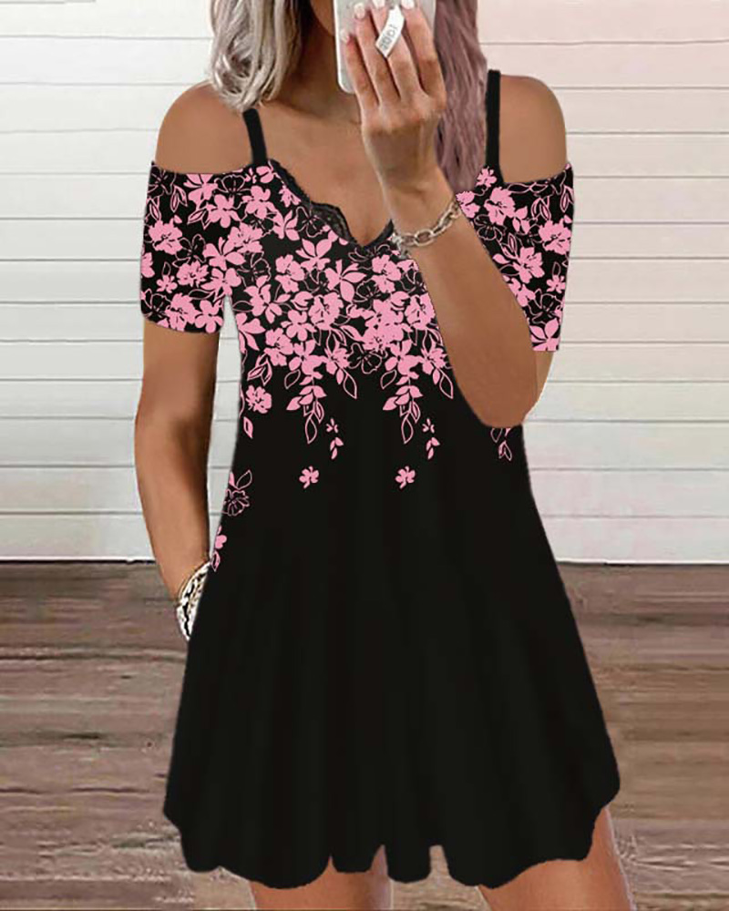 

Floral Print Cold Shoulder Casual Dress, Pink