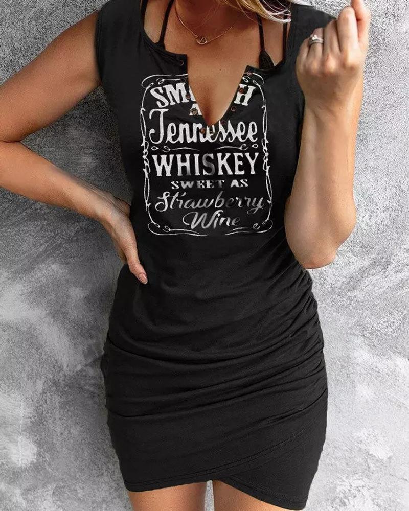

Letter Print Short Sleeve Casual Dress, Black