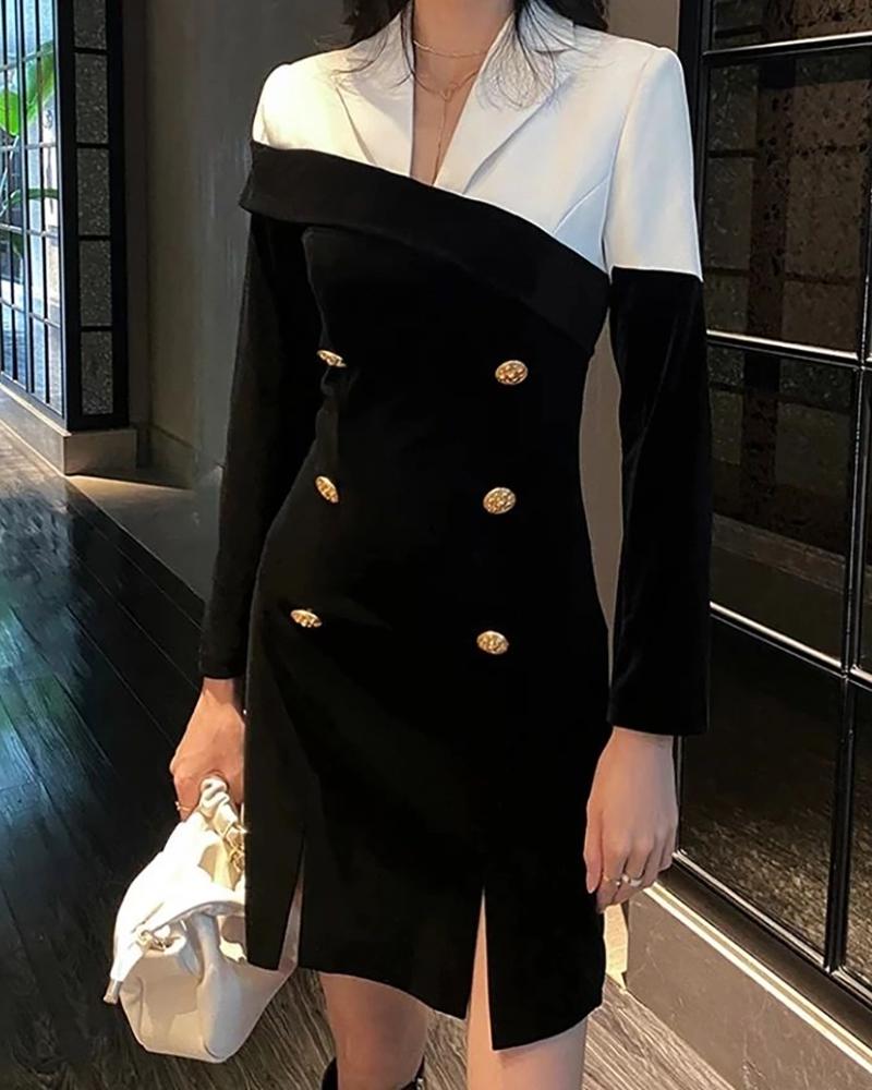 

Colorblock Double Breasted Blazer Work Dress, Black