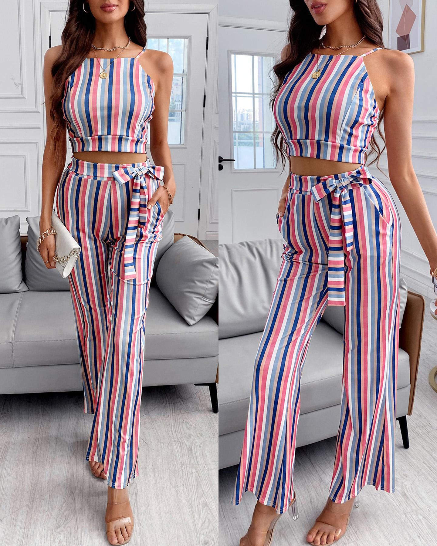 

Striped Print Sleeveless Top & Pants Set, Multicolor