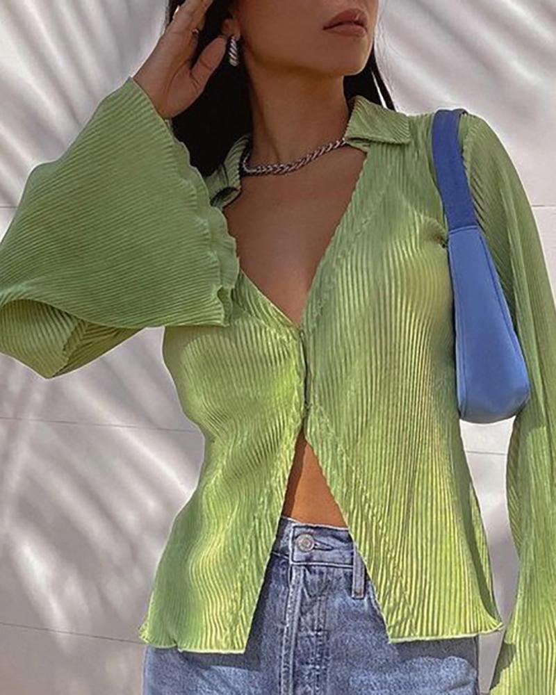 

Bell Sleeve Frill Hem Ribbed Top, Green
